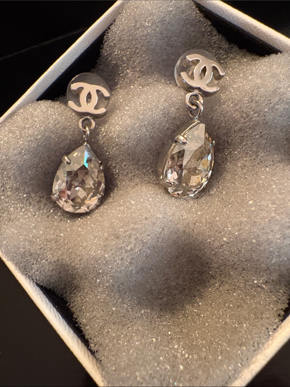 CHANEL Silver-Tone Crystal Teardrop Logo Drop Earrings